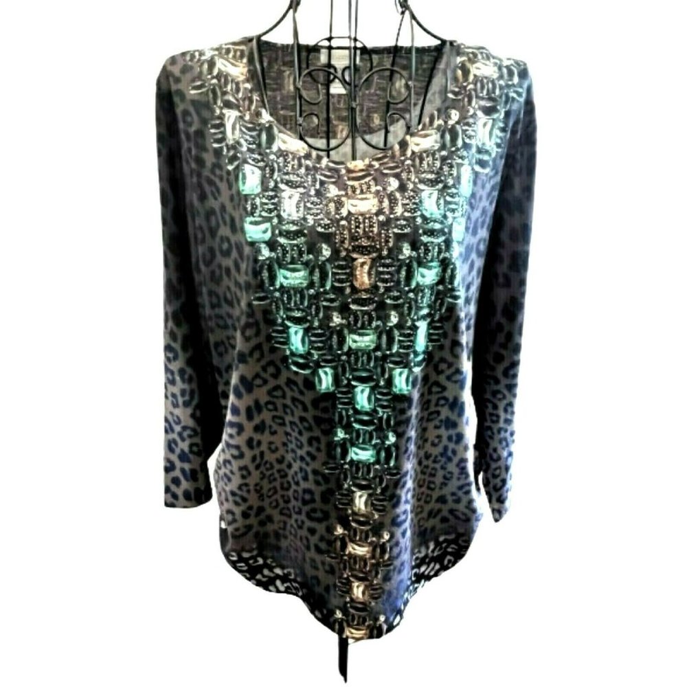 CHICO'S Leopard Print Pullover Top with Ruched Sides and Rhinestones SZ L(12)